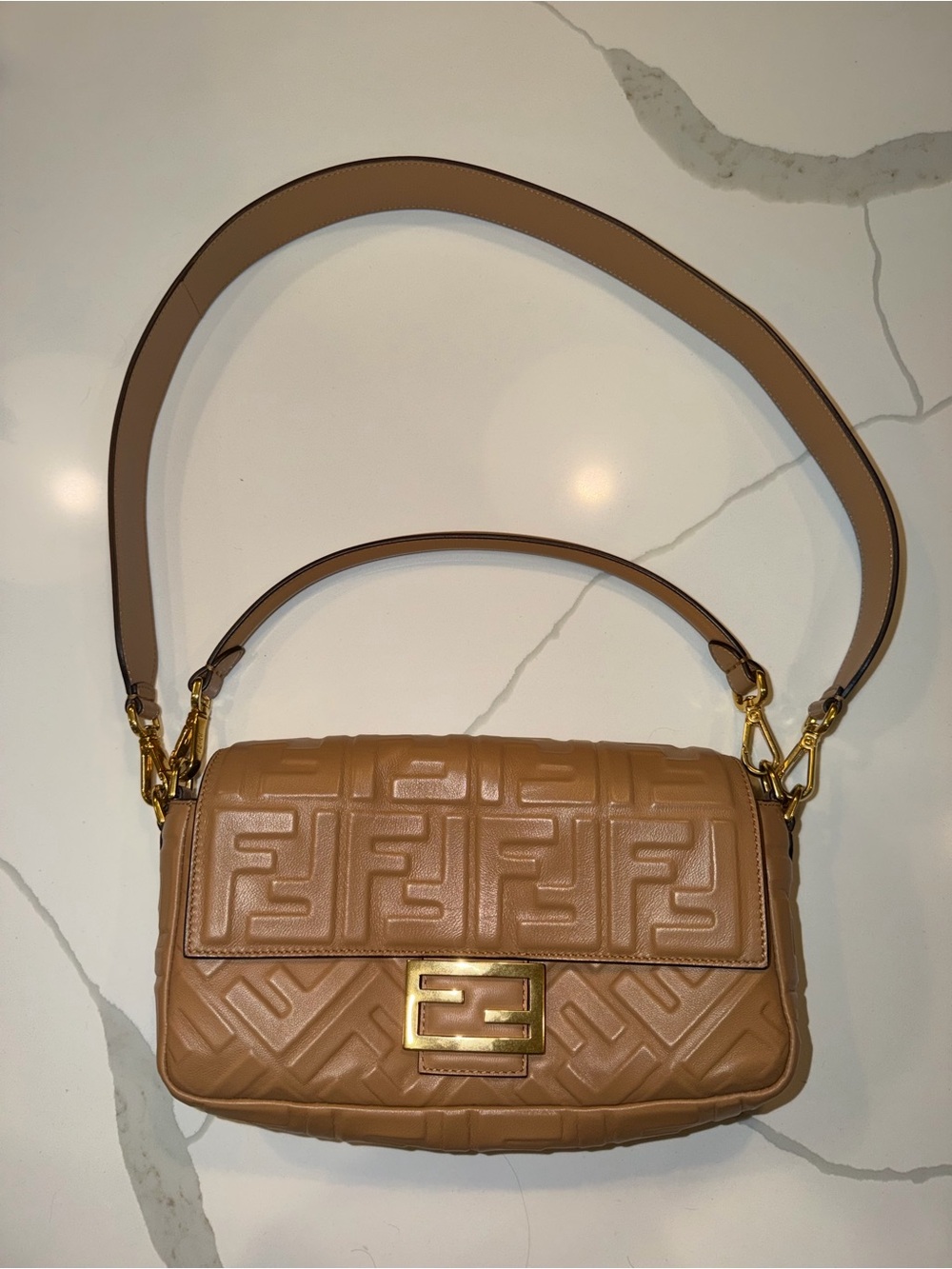 Fendi Beige Baguette Shoulder Bag with Gold Hardware